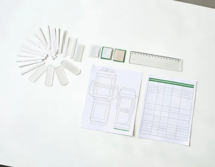 Mouth-strip samples and specification sheets arranged for business procurement review